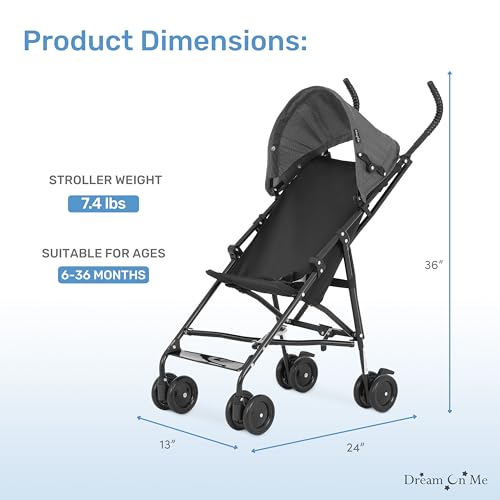 Dream On Me Aero Travel Umbrella Stroller, One-Hand Quick Fold, 3-Point Safety Harness, Dual Brakes, Adjustable Removable Canopy, Lightweight Compact & Space-Saving, for 6 to 36 Months – Black