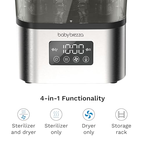 Baby Brezza 10 Minute SuperQuick Bottle Sterilizer + Dryer - Large 8 Bottle Capacity - Steam Sanitization – Universal Fit for All Bottles: Plastic + Glass + Pacifiers + Breast Pump Parts, Stainless