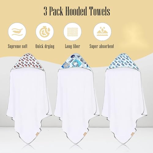 CORAL DOCK 3 Pack Baby Hooded Bath Towel Sets, Ultra Absorbent Baby Essentials Item for Newborn Boy Girl, Baby Bath Shower Towel Gifts for Infant and Toddler - Neutral Feather Jungle