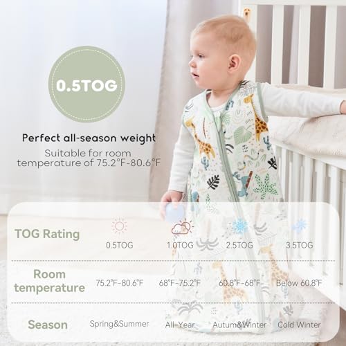 Yoofoss Baby Sleep Sack 0-6 Months 0.5 TOG Baby Wearable Blanket, 100% Organic Cotton Infant Toddler Sleeping Sack 2-Way Zipper Lightweight Sleep Sack, Giraffe