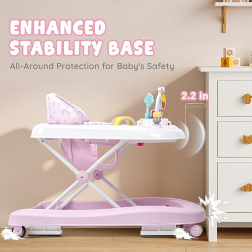 Baby Walker with Wheels, 5-in-1 Foldable Push Walker for Baby Girls 6-12 Months, Baby Walker & Bouncer Combo, Adjustable Height, Music Light Infant Activity Center Bouncer Walker(Pink)