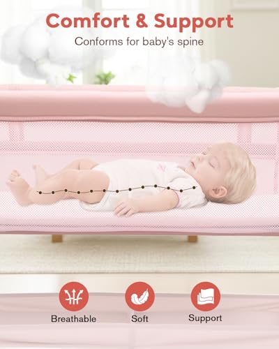 JevrJeur Baby Bassinet, Bedside Bassinet for Baby, Bassinet Bedside Sleeper with Mattress, Storage Basket and 4 Auto-Lock Wheels, Full-Mesh Sides, Bedside Mini Crib for Newborn (Pink)