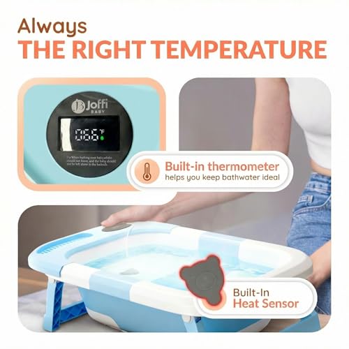 Collapsible Baby Bathtub for Newborn Infant Girl & Boy 0-24 Months, Foldable Portable Bathtub with Thermometer, Heat Sensor, Drain Plug, Water Scoop, Cushion Pillow, Compact Travel Bath Tub for Shower