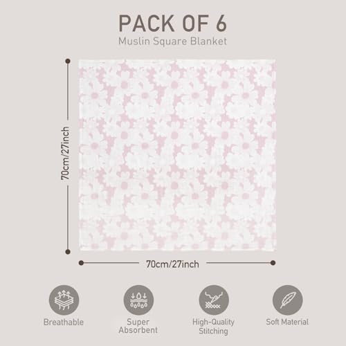 GLLQUEN BABY Receiving Blanket Boy Cotton Muslin Swaddle Blankets Girl Newborn Squares Breathable & Soft Thin Baby Blankets Cloths Double Absorbent Infant Swaddling Wrap - 6 Pack (Rosebud)