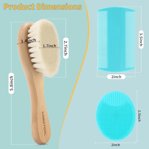 DEBETOOL Cradle Cap Brush and Comb Set with Baby Hair Brush - 3-Piece Wooden Baby Brush Kit for Newborns and Infants