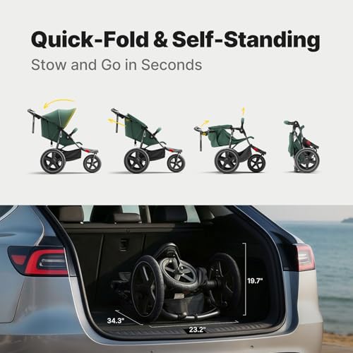 BabyVista Jogging Stroller, All-Terrain Frame, 12"/16" Inflatable Tires with Angled Valve, Disc Hand Brake & Foot Brake, Adjustable Handlebar, Foldable Jogger Stroller for Babies & Toddlers, Green