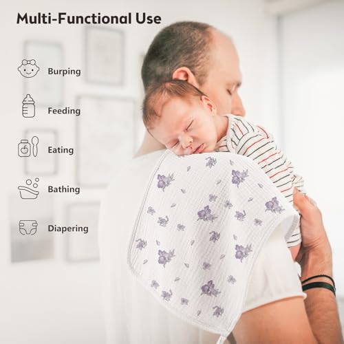 Bearmoss 10 Pack Muslin Burp Cloths, Soft Absorbent Baby Burping Cloths for Unisex Boys and Girls, Newborn Essentials Large Extra Washcloths, 20x10 inches (Pink Purple)