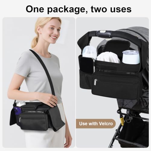 Kovire Black Universal Stroller Organizer with 2 Insulated Cup Holders, 3-in-1 Stroller Caddy with Detachable Phone Bag & Non-Slip Shoulder Strap, Fits Uppababy, Nuna, Doona, Baby Essentials