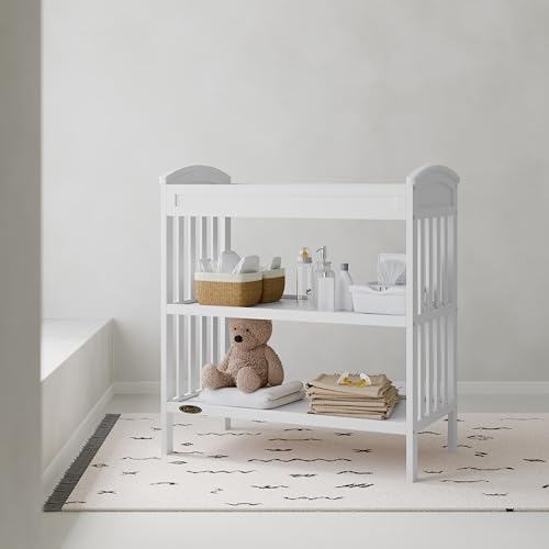 Graco Benton Changing Table with Bonus Water-Resistant Changing Pad (White) - GREENGUARD Gold Certified, Includes Diaper Change Pad with Safety Strap, 2 Open Storage Shelves for Organizing