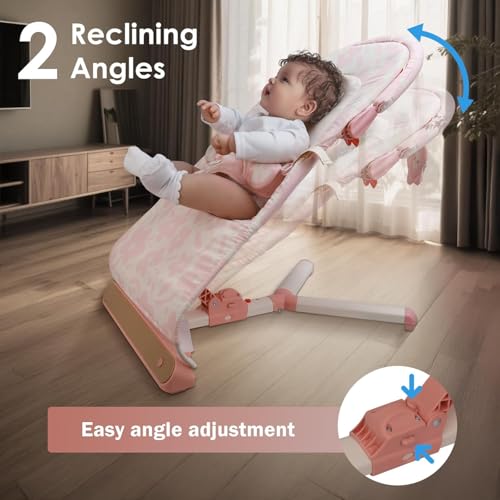 Tiny Marvels Baby Bouncer, Portable Infant Bouncer Seat with Soothing Music & 3-Point Harness, Foldable and Lightweight for Newborn to Toddler 0-12 Months, Under 20 lbs