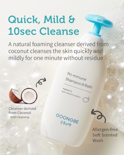 GOONGBE Pri-mmune Baby Shampoo & Body Wash for Sensitive Skin & Hair – Korean 2-in-1 Tear-Free Tested Head-to-Toe Cleanser, Sulfate-Free Low pH with Ceramide NP & Royal Oji Complex, Quick Rinse 11.8oz