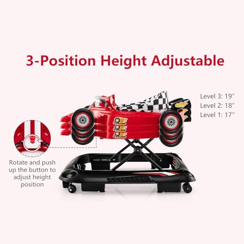 INFANS Foldable Baby Walker, 3 in 1 Toddler Activity Center Leaning-Seated Walk-Behind with Steering Wheel, Adjustable Height, Lights, Music, Washable Seat Cushion (Cherry)