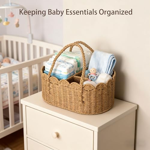 wwmayfeel Diaper Caddy Organizer, Paper Rope Storage Baskets Nursery Bin with Removable Divider, Portable Car Organizer for Diapers, Baby Shower Gifts, Newborn Essentials Must Haves