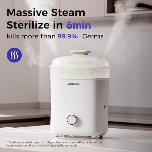 WONDBORN Bottle Sterilizer and Dryer, 99.999% Deep Sterilization, 6-min Rapid Disinfection, Up to 12 Bottles, HEPA Filter, All-in-One for Baby Bottles, Breast Pump Parts & Newborn Essentials