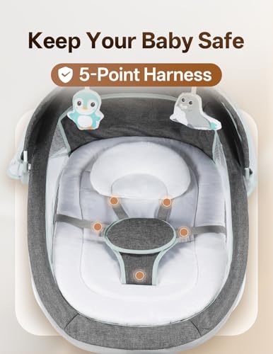 Electric Baby Swing for Infants to Toddler, 0-9 Months Portable Swing Rocker 5 Sway Speed, Bluetooth,12 Preset Lullabies with Remote Control, Infant Swing for Baby Boys & Girls, Grey