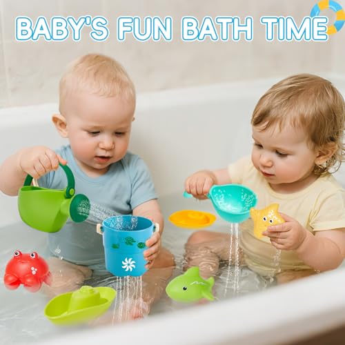 Baby Bath Toys for Kids Ages 1-3, 16PCS | Easy Clean Mold Free Bath Toys Toddlers 2-4 | Bathtub Pool Water Table Toys for Babies & Toddlers | Bath Boats Spoons Bucket Watering Can Tub Toy for Toddlers