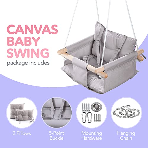 CaTeam Canvas Baby Swing Seat with 5-Point Safety Belt — Wooden Hanging Toddler Swing, Indoor & Outdoor, Ages 1-4, Ceiling Mount Hardware Included, Taupe Gray
