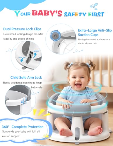 Baby Bath Seat for Babies 6 Months & up with Suction Cups, Non-Slip Infant Bath Chair, Ergonomic Baby Bathtub Seats for Babies Sitting Up, BPA-Free Toddler Bath Seat, Easy-Release Pull Tab, Gray