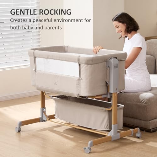 3 in 1 Baby Bassinet, Rocking Bassinet, Bedside Bassinet, 6-Height Adjustable, Bassinet Bedside Sleeper, Bedside Bassient for Baby with Comfy Mattress, Breathable Mesh, Large Storage Basket