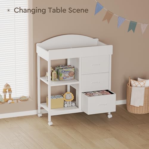 YeTom Changing Table Dresser, Baby Dresser with 3 Fabric Drawers and 2 Shelves, Multi-Functional Baby Changing Table with Pad, Classic Nursery Dresser, Diaper Changing Station for Nursery, White
