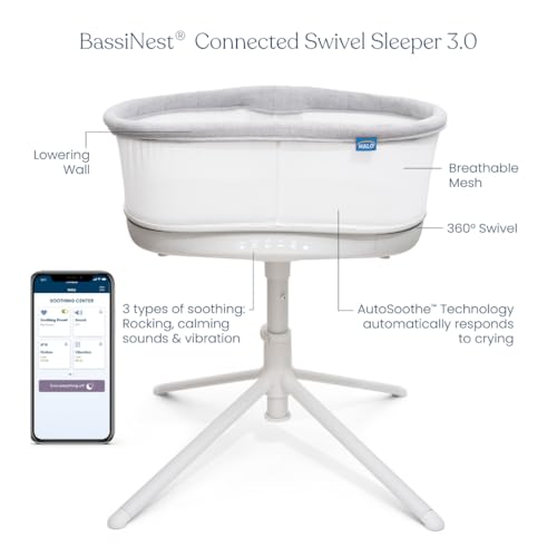 HALO BassiNest Connected Swivel Sleeper 3.0 – Smart Bassinet with AutoSoothe™, 360° Swivel, Cry Detection, Rocking, Vibration & Soothing Sounds, Easy Lowering Wall for Postpartum Recovery
