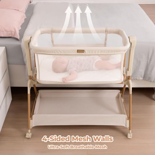 Ezebaby Baby Bassinet Bedside Sleeper: 3-in-1 Rocking Bassinet for Baby - Breathable Full-Mesh Crib with Mattress | 6 Height Adjustable | Portable Crib with Lockable Wheels for Newborns