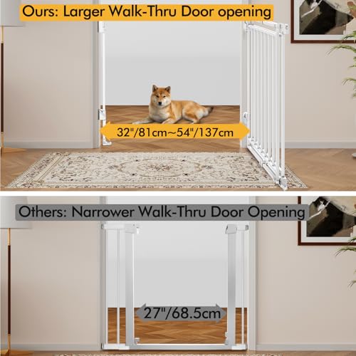 Baby Gate for Stairs Doorways & Kitchen, Extra Wide 32"-54" W x39 H Extra Tall, No Bottom Bar Dog Gate, One-Handed Auto-Close, Hardware Mount Safety Gate for Dogs & Toddlers, White