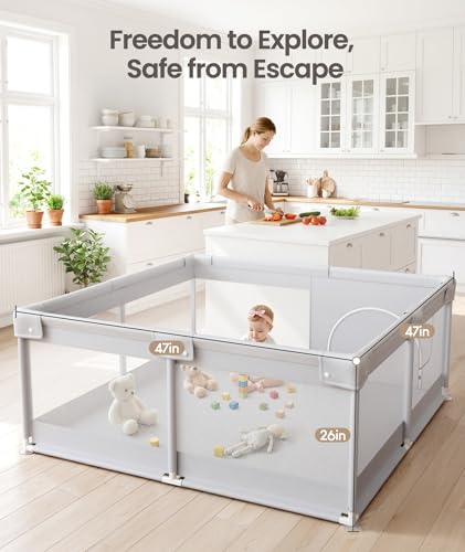 Fodoss Baby Playpen 47×47in, Small Play Pen for Babies and Toddlers, Playpen for Apartment, Play Yard, Activity Fence, Baby Playard with All-Side Mesh, Pull Rings