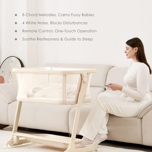 ANGELBLISS Electric Baby Bassinet Bedside Sleeper with Auto Rocking, Remote/Touch Control, 3 Timer Modes, 12 Sounds, 6 Heights, Storage & Wheels (Beige)