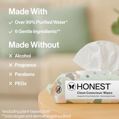 The Honest Company Clean Conscious Multi-Use Wipes | Hypoallergenic + Unscented for Sensitive Skin | Over 99% Water, Compostable, Plant Based, Baby Wipes | Geo Mood, 288 Count