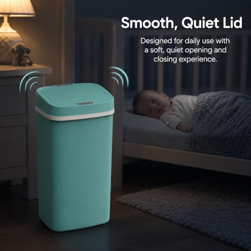 Delletir 15L Smart Diaper Pail with Motion Sensor Lid | Touchless Hands-Free Baby Diaper Trash Can | Double Locking Seal | Slim Space-Saving Design | Quiet & Durable (Turquoise)