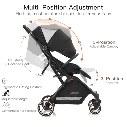 Gromast Gravity Folding Baby Stroller - Portable Travel Toddler Stroller w/Adjustable Backrest, Canopy & Cup Holder, Lightweight and UV Protected, One-Hand Automatic Folding - Black