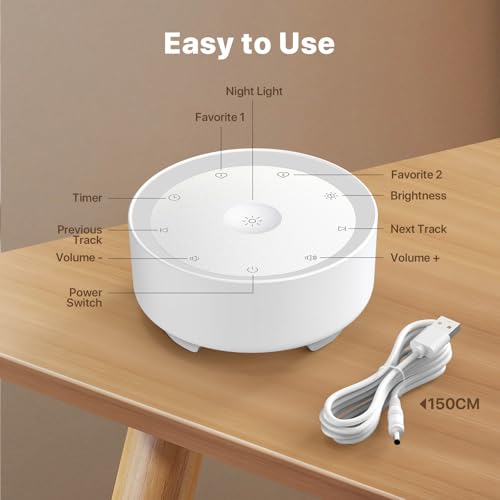 Kipcush White Noise Machine for Sleeping, Baby & Adults, High-Fidelity Non-Looping Sounds, Sleep Sound Machine with Dimmable Night Light, USB Powered, Memory Function, Home, Nursery & Travel