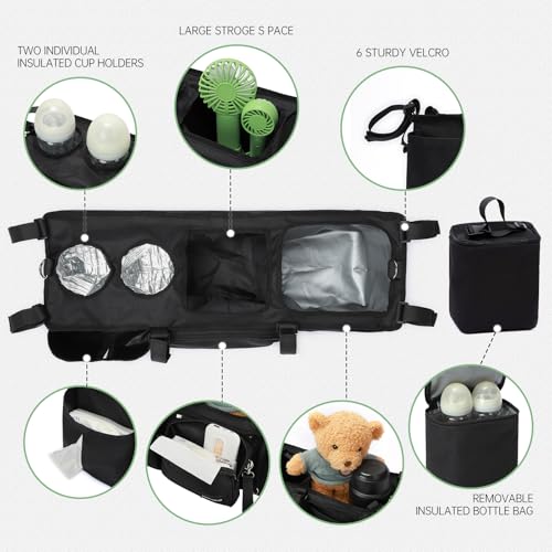 Double Stroller Organizer for Bob Duallie with 2 Insulated Cup Holders & Cooler Bag, Baby Jogger City Mini Gt2 Jeep Double Stroller Caddy Accessories, Universal Parent Console Stroller Organizer