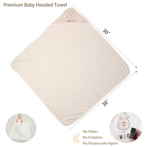 Smluckyg 6 Pack Organic Cotton Baby Bath Set, Ultra Soft Embroidered Hooded Towel and 5 Washcloths, Premium Gentle Newborn, Toddlers Gift for Sensitive Skin, Brown 30 x 30 Inch