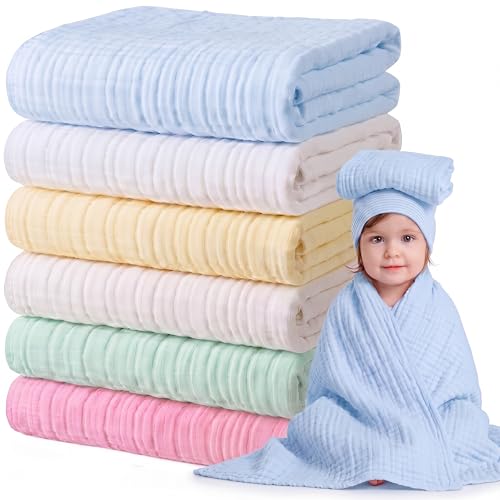 Chumia 6 Pack Baby Muslin Bath Towels Bulk 43.3 x 43.3 Inch 6 Layer Soft Cotton Swaddle Receiving Blankets Breathable Quick Dry for Newborn Infant Toddler, Baby Shower Registry Gifts(Multicolor)