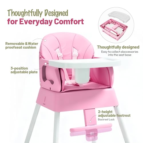 5 in 1 Foldable Baby High Chair,Convertible Highchair for Babies and Toddlers-Portable Infant Booster Seat,Foldable Dining Chair,Toddler High Chair with 5-Point Harness,Removable Tray (Pink)