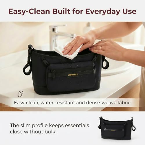 Momcozy Universal Stroller Organizer, Slim Stroller Caddy with 2 Insulated Cup Holders, Non-Slip Silicone Straps, Detachable Mini Pouch, Dense-Weave Parent Console for UPPAbaby, Doona, Graco & More