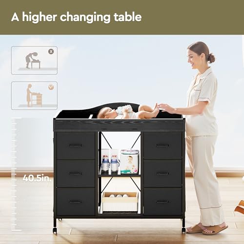 Yetom Changing Table, 6-Drawer Baby Dresser with Changing Table top,Waterproof Diaper Changing Station & Pad, 2 Height-Adjustable Open Storage Shelves, Mobile Nursery Organizer, Black