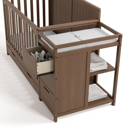 Graco Hadley 5-in-1 Convertible Crib & Changer – GREENGUARD Gold Certified, Fits Standard Crib Mattress, Converts to Toddler Bed and Full Bed, 4 Adjustable Mattress Heights (Hazelnut)