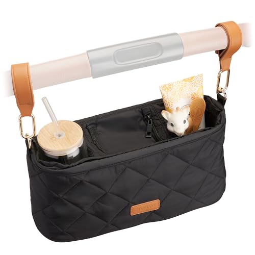 Beautiful Stroller Caddy Organizer With 2 Cup Holders – Luxury Stroller Bag, Universal Fit, Leather Straps & Zipper Pocket – Spacious Accessories Perfectly Fits Doona, Nuna & Uppababy Strollers