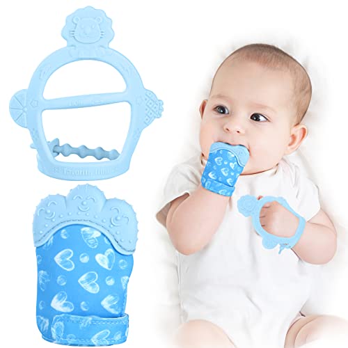 Vicloon Silicone Teething Mitt, 2Pcs Baby Teething Mitten with Adjustable Strap, Crinkle Sound and Textured, Self Soothing Baby Chew Toys for 0-6 Month Infants