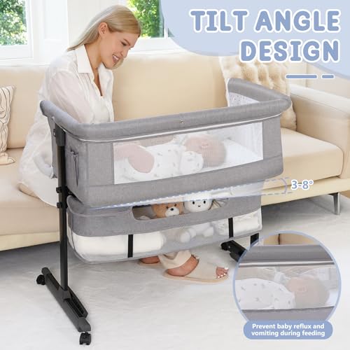 Semphis Baby Bassinet, 3 in 1 Bassinets Bedside Sleeper, Adjustable Height Bedside Sleeper with Rocking Mode, Breathable Mesh, Storage Basket, Wheels, Easy Assemble & Folding (Gray)