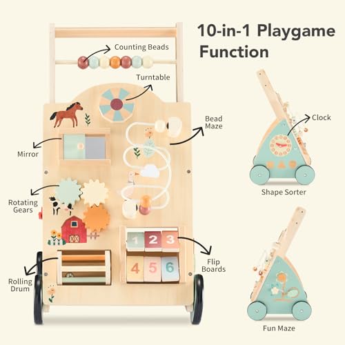 DUMOS Wooden Baby Push Walker, Montessori Activity Toys with Adjustable Speed for 1 Year Old, Silent Rubber Wheels, Wood