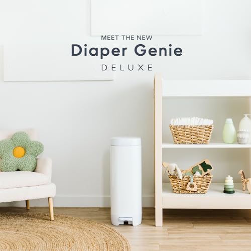 Diaper Genie Deluxe Gift Set Pail – Diaper Disposal Made in Stainless Steel | Hands-Free Foot Pedal & Easy-Glide Function| Includes 2 Easy Roll Refills (48 Bags) | Baby Shower Gift
