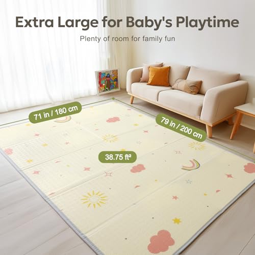 Mallify Extra Large Foldable Play Mat, Reversible Baby Play Mat with Edge Reinforcement, Non-Toxic & Waterproof Baby Mat for Floor, Foam Playmat with Travel Bag, Rainbow, Cloud & Moon, 79"x71"