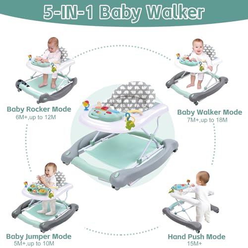 5 in 1 Foldable Baby Walker, Activity Baby Walker-Baby Bouncer, Rocker, Activity Center,Seat and Push Walker,Detachable Trampoline Mat, Adjustable Speed Rear Wheels and Height,Ages 6-18 Months(Mint)