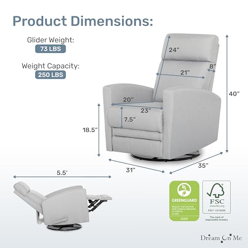 Dream On Me Chatham Basic Nursery Rocking Glider in Grey, 360° Swivel Motion, FSC Certified, Greenguard Gold & JPMA Certified Nursery Glider, Three Rocking Modes Nursery Glider Recliner
