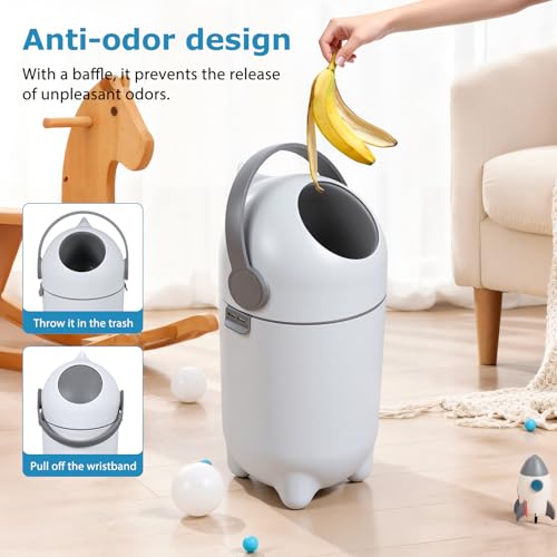 SaftSpzre Baby Diaper Pail,Odor Locking,No Special Bag Required,One-Handed Use,15L Large Capacity Diaper Trash Can,Durable Plastic,Registry Must-Have Gift - White