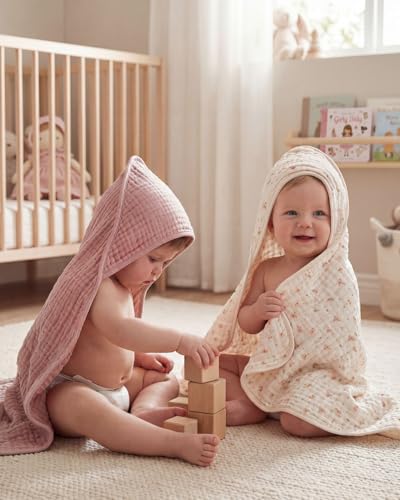 Blissful Diary Muslin Baby Hooded Towel 2 Pack, Soft & Absorbent Bath Towel for Baby Girls, Infant Gift, Newborn Essentials, Pink Floral & Light Pink